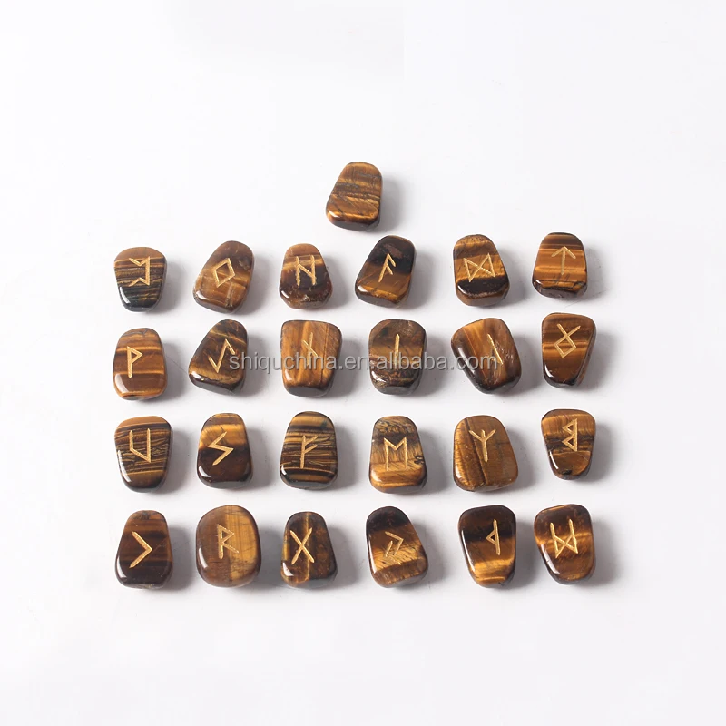 New product natural tiger eye material engraved gold rune three size 25pcs set with velvet bag rune stone divination