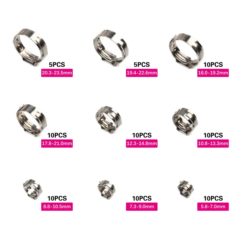 Urlwall 80PCS 304 stainless steel single ear hose clamp assortment kit 5.8-23.5mm hose clamp set