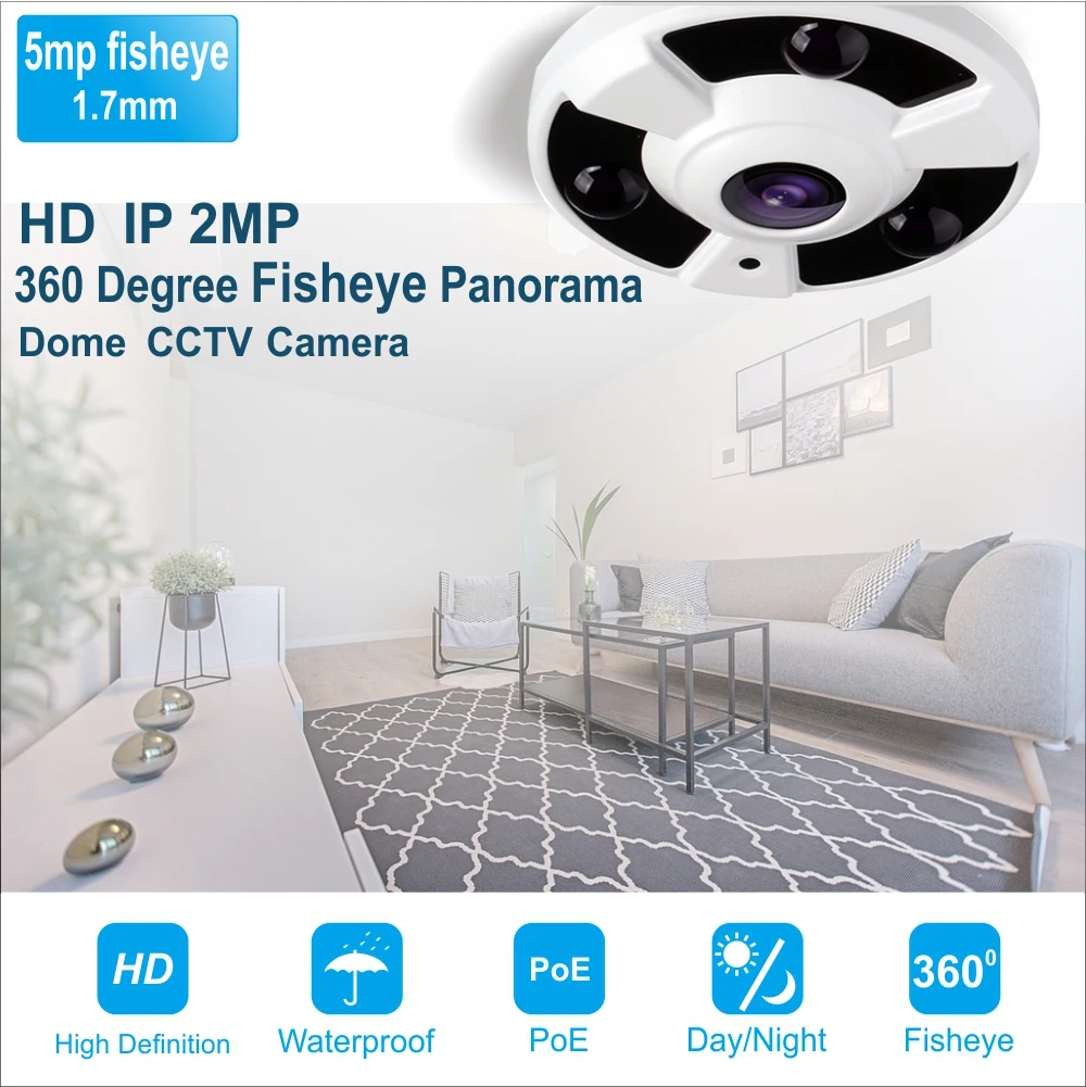 1080P 2 Megapixel Indoor / Outdoor Surveillance Security Camera Video Monitoring Night Vision IP Camera 360 Degree Fisheye Lens