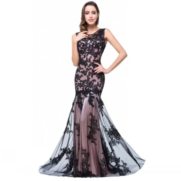 Pink Lining Black Lace Tulle Dresses Fish Tail Black Lace Tulle Dresses