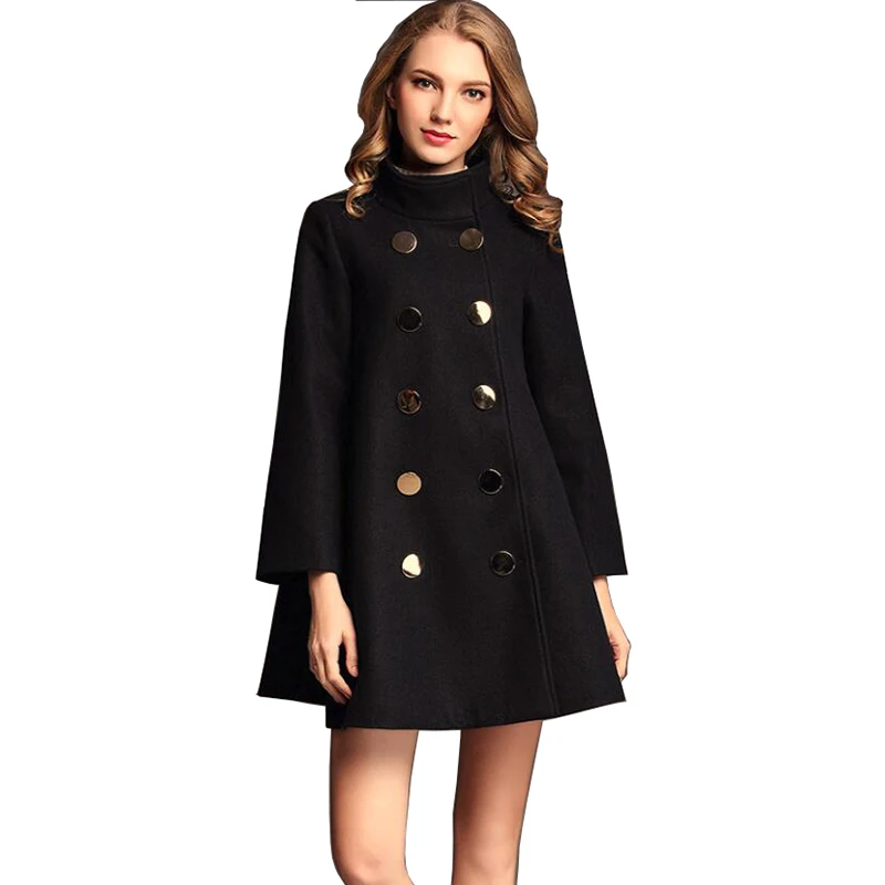 
Wholesale In Stock Quality Loose Design Women Dark Blue Jacket Wool Cape Coat 