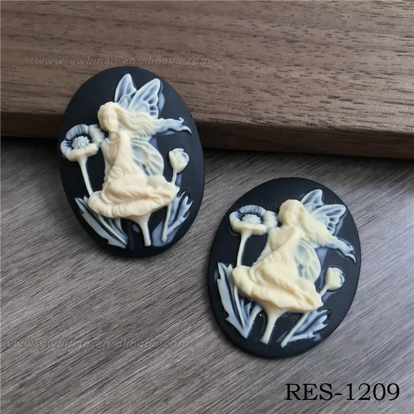 Fairy Cameo Nymph Resin Cameo Black And Lvory Cabochon 40x30mm Fantasy Finding Flora Fauna Craft Supply RES-1209