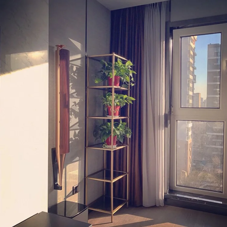 Modern gold stainless steel metal tempered glass display bookshelf