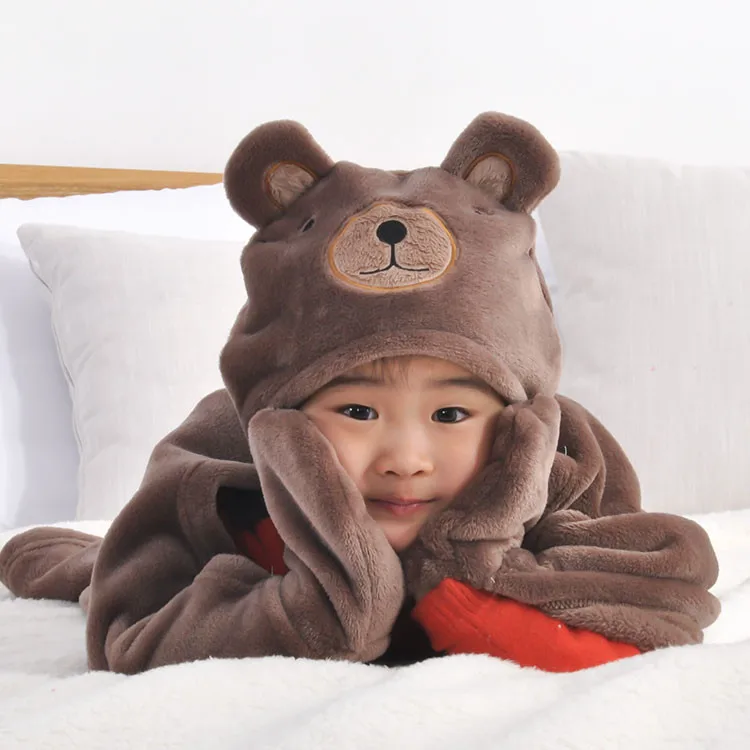 
Soft Flannel Children Blankets, Winter Warm Baby Bath Towel Baby Blanket, Cartoon Sheep Bear Elephant Rabbit Hooded Baby Blanket 