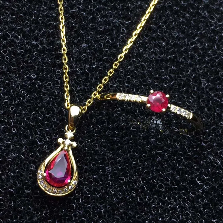18k gold South Africa real diamond natural red ruby pendant necklace ring jewelry set for women