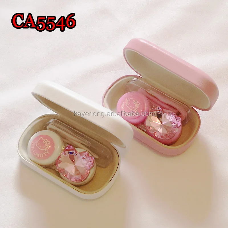 Pink Diamond and Kitty deco PU Cover Iron contact lens case, Small travel box CA5546