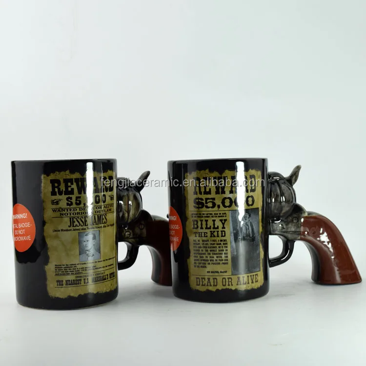 Ceramic mug custom design black mug with gun handle and metal logo