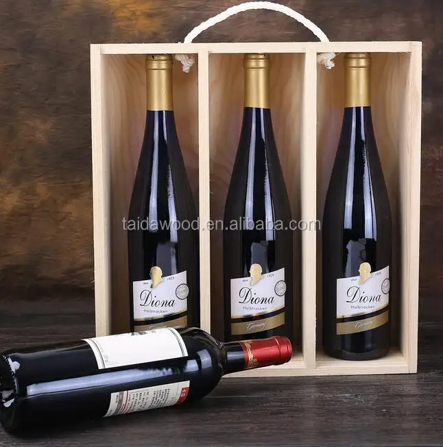 Large Pine Wooden Triple Champagne Bottle Box Plywood Slide Lid Wine Box
