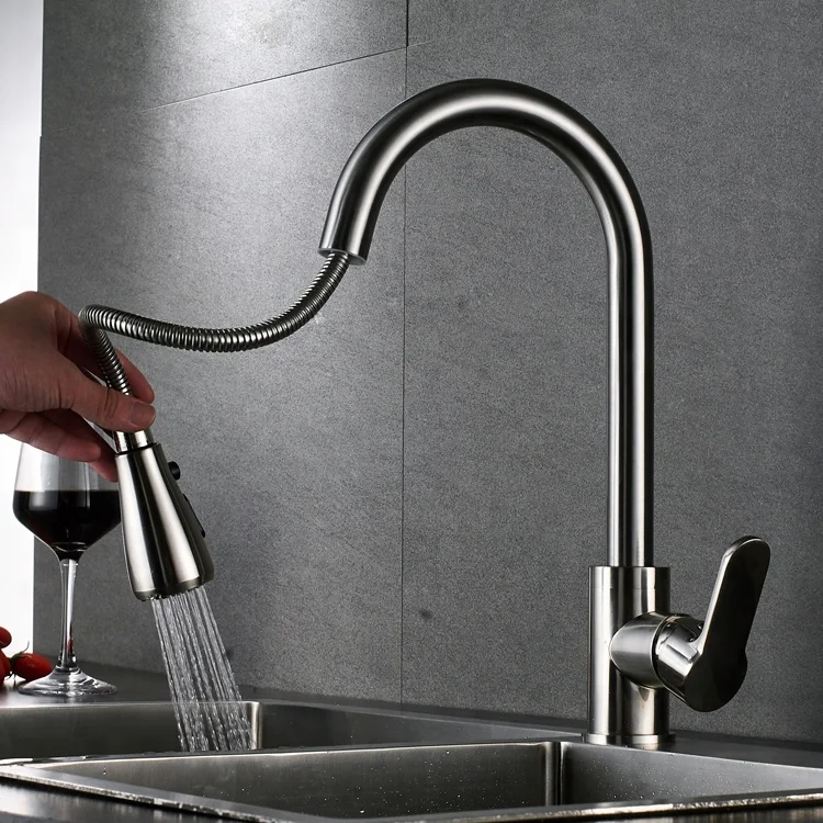 Deck mounted single handle brushed nickel finish pull out spout brass kitchen sink faucet taps