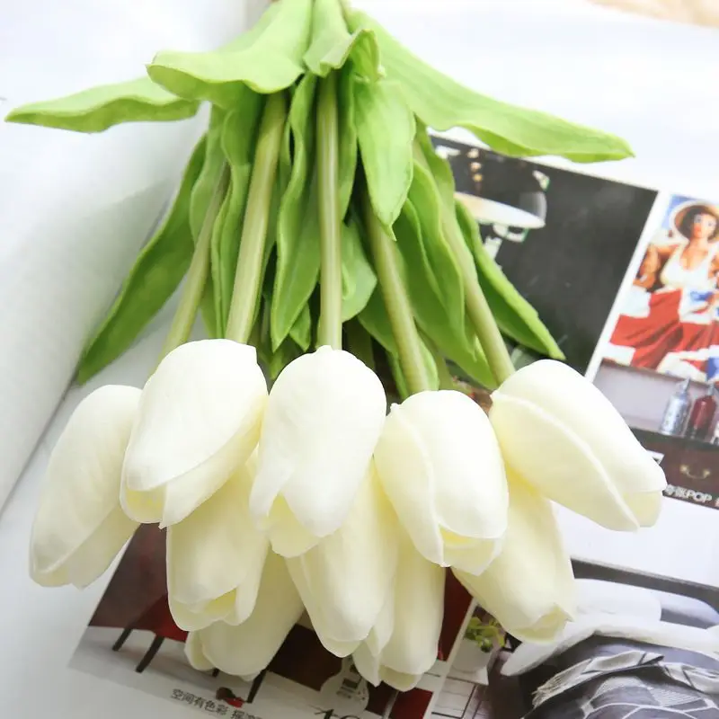 Hot sale handmade silk fake white tulip artificial flower in glass vase