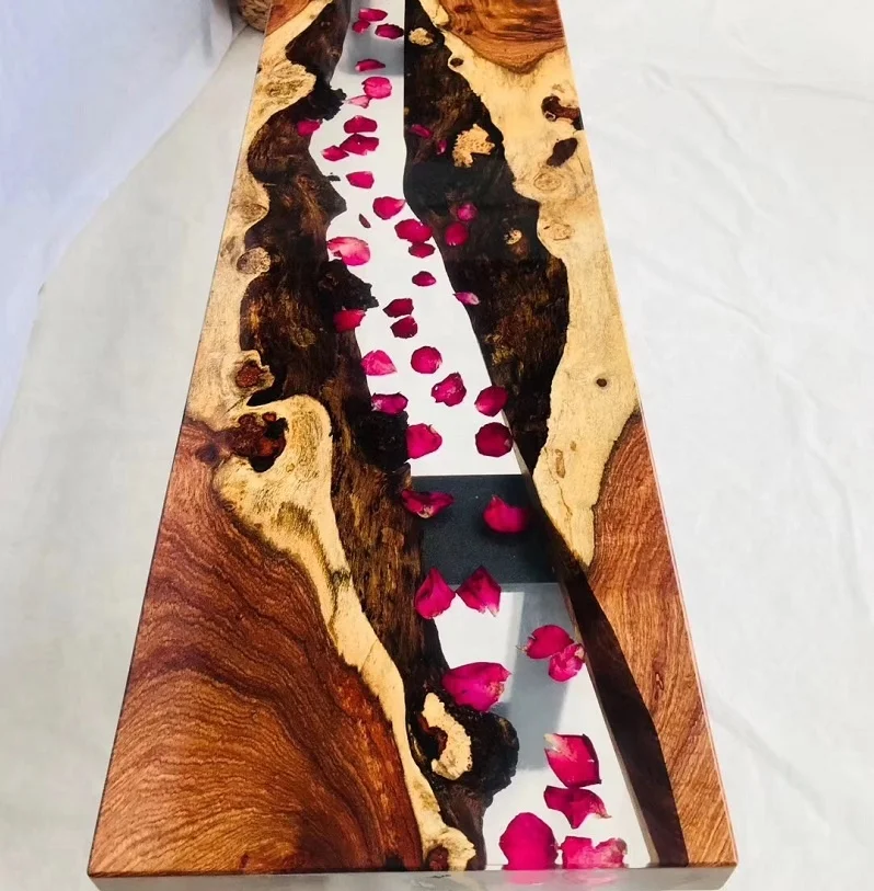 
The latest modern petals embedded transparent river epoxy resin conference table wooden restaurant table 