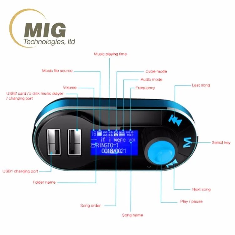Wireless Car Kit FM Transmitter SD/TF/AUX/USB MP3 Music Player Ca Charger