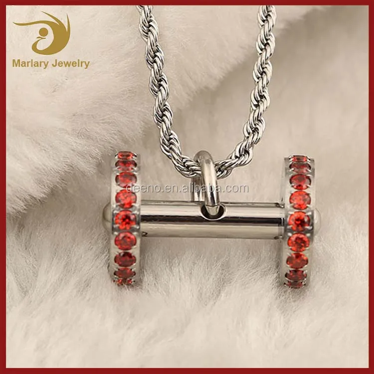 Promo Fitness Jewelry Stainless Steel Ruby Crystal Inlay Dumbbell Pendant Necklace Sport Gym Dumbbell Pendant