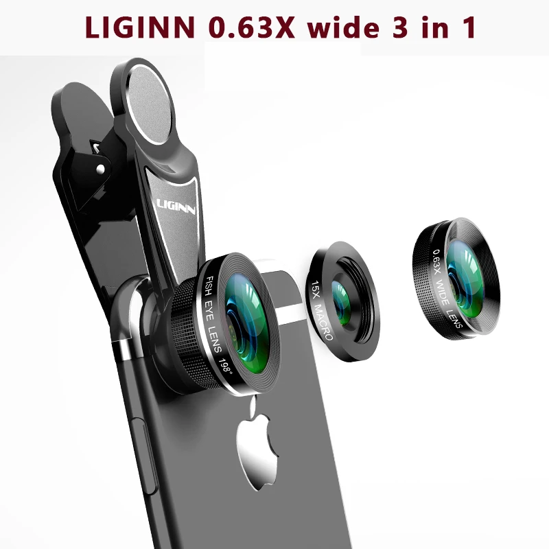 LIGINN 2020  3 in 1 kit 0.63X wide-angle 15X macro 198 degree fisheye cell phone camera lens