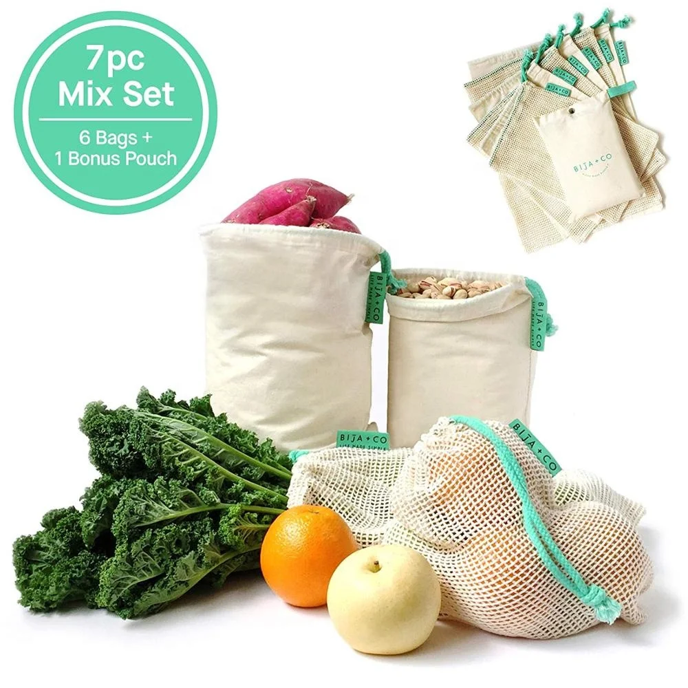 Reusable vegetable and bread bag cotton muslin shopping bag with logo