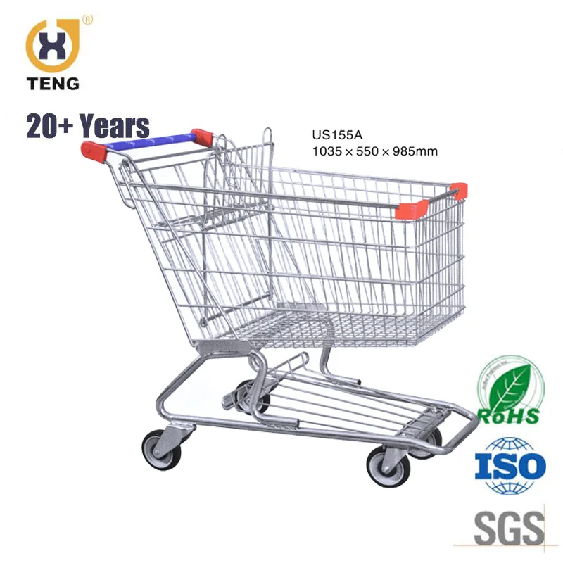Supermarket Unfolding Metal Two Basket Cart With Wheels Shopping Trolley Cart