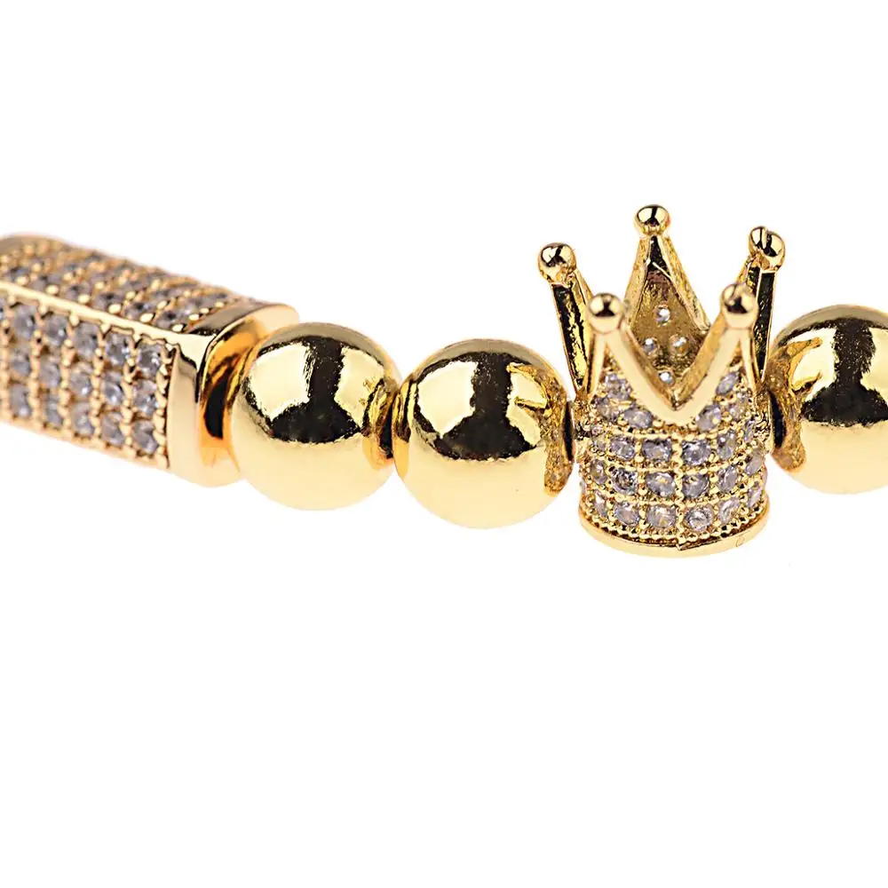 No Fade 8mm Real Gold Plated Copper Bead Micro Pave CZ Imperial Crown Charm Braided Macrame Bracelet Pulseira Masculina