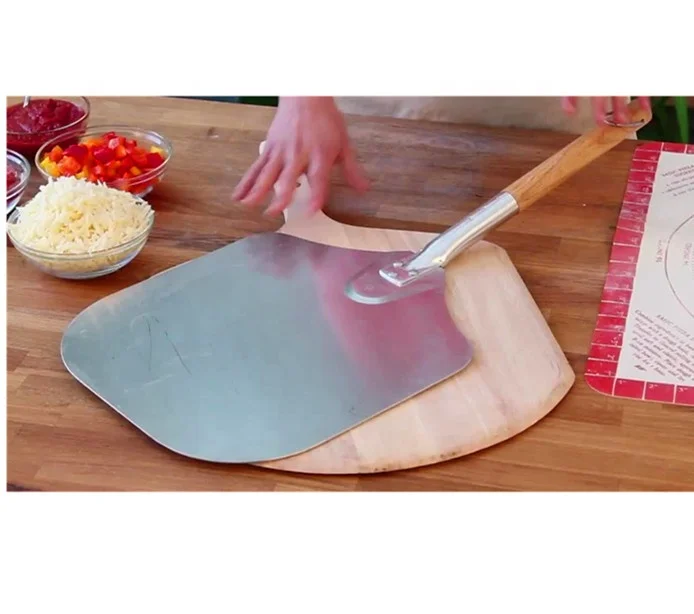 Professional pizza tools aluminium pizza peel with rubber wooden handle