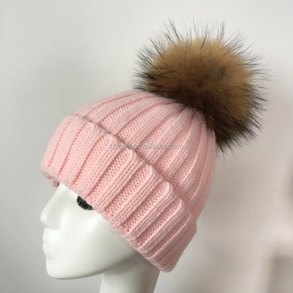 Winter Raccoon Fur Pompom Knit Hat for Women Fur Pom Pom Beanies Hats