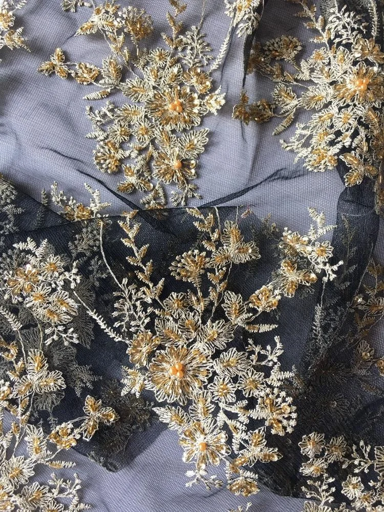 best selling black tulle with gold embroidery hand beaded accessories beautiful fabric  for women dresses