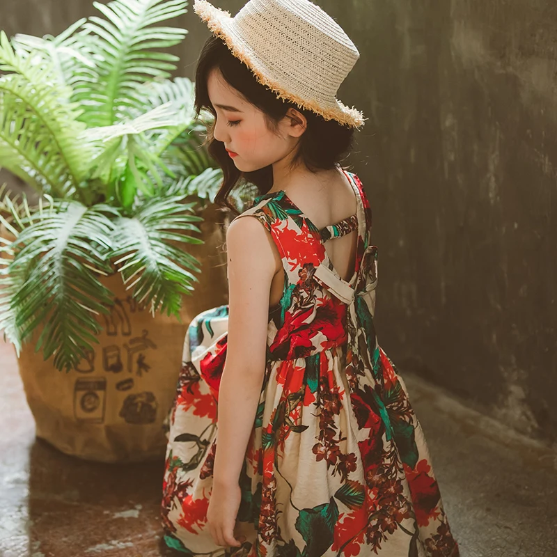 
Boutique lovely flower printed sleeveless summer girls party dresses children outfit kid wear 
