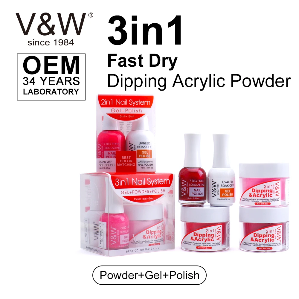 VW 3 In 1 Match Color Fast Dry Dipping Acrylic Powder Nails System Starter Kit Dip Powder Gel Polish For Dipping And Liquid