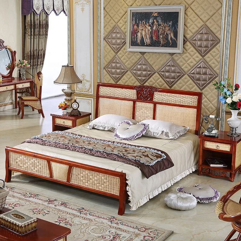 Sample Nice Design Home Furniture Cane Wood Hand Carved Bed Set