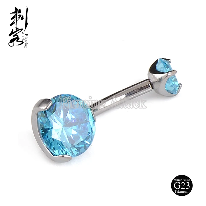 G23 Solid Titanium Internally Threaded Double CZ Gem Belly Bar Navel Belly Ring