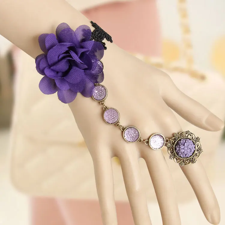 Black floral lace bracelet - purple crystal and flower pendant charm bracelet with ring chain