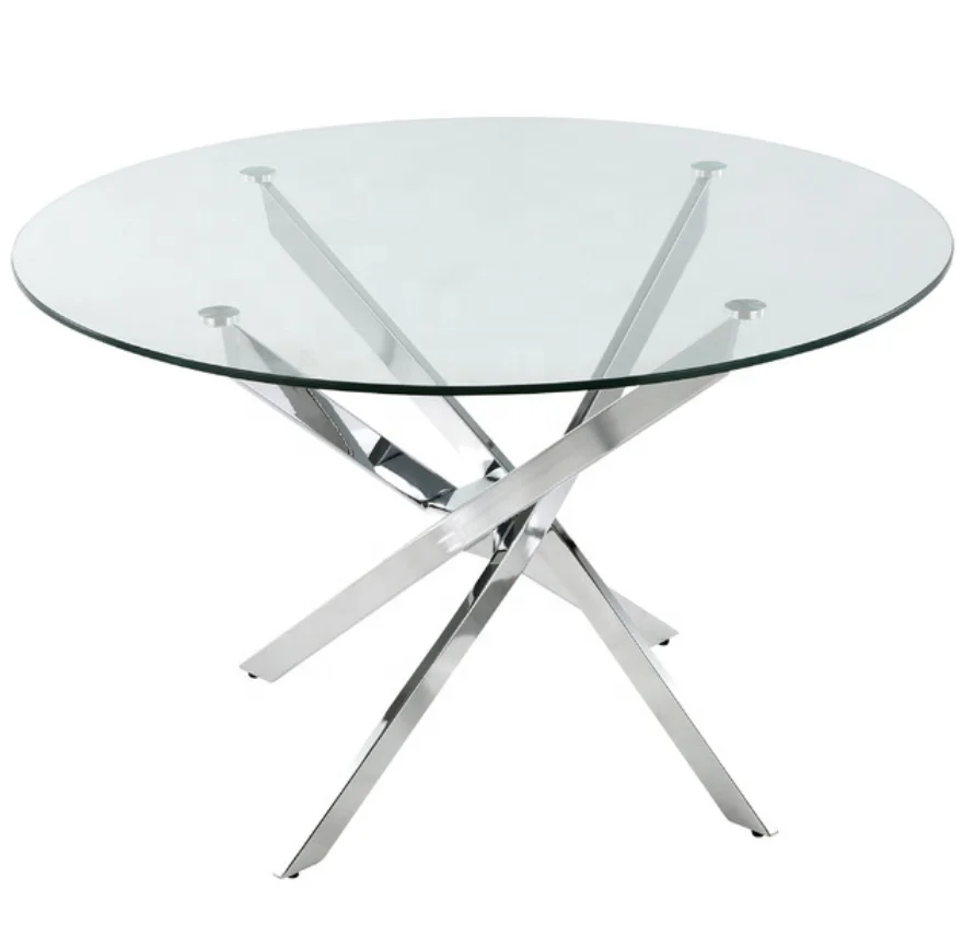 Clear Tempered Glass Round Dining Table silver stainless steel modern dining room table in Chromed Feet