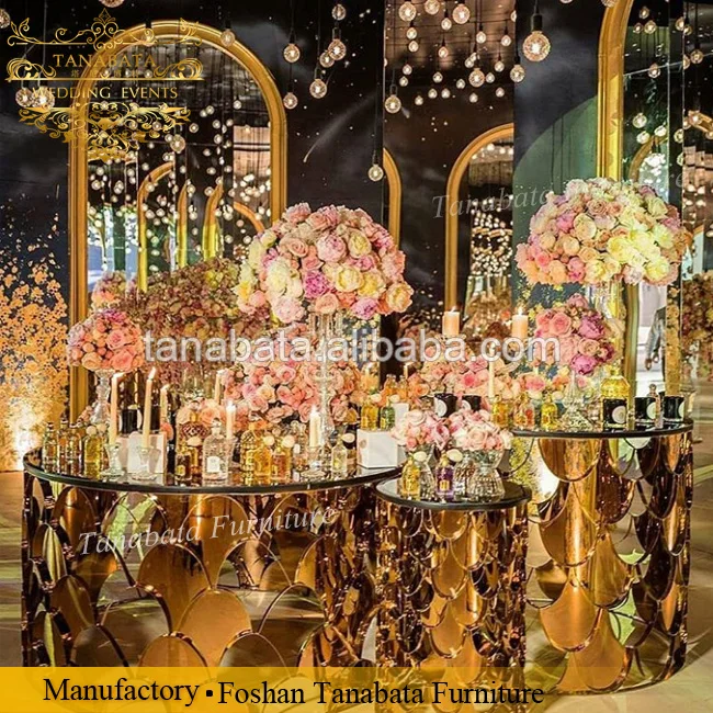 Fashion design fish scale base mirrored top round wedding gold tables