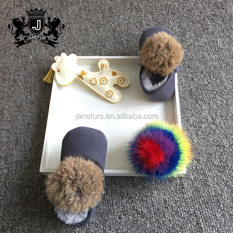 
Hotsale baby rabbit fur ball suede fabric keep warm baby shoes 2017 