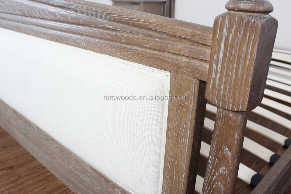 Linen upholstered french weathered oak bed frame