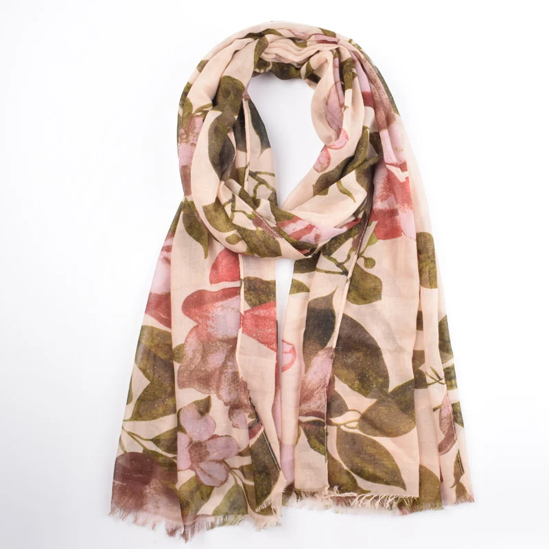 Wholesale 2020 latest shimmer floral printed long scarf fashion large flower sliver glitter women cotton voile scarves shawls
