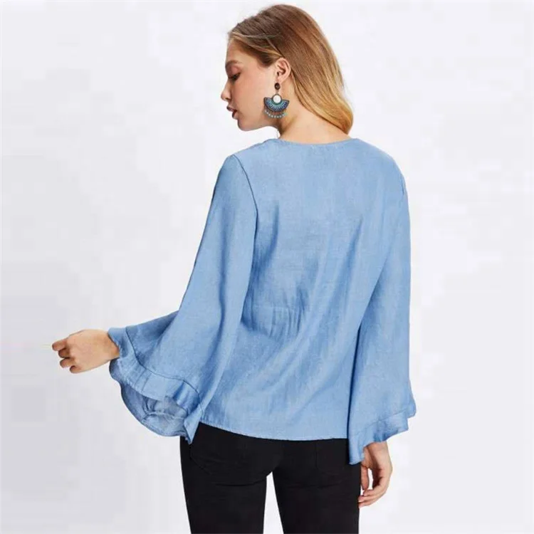 Women Long Sleeve Blue Embroidered Blouse