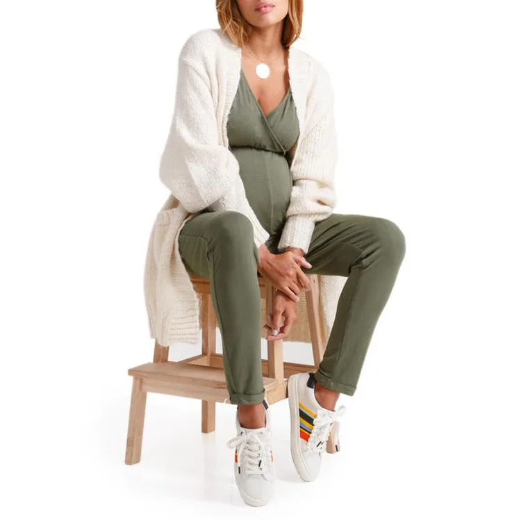 Crossover V neck short sleeve one piece maternity jumpsuit women