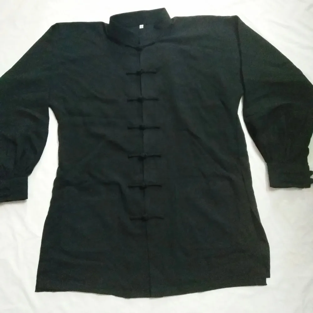 Unisex black ramie cotton with Taiji logo embroidered on back with 2 pockets on front traditional Chinese Taichi costume