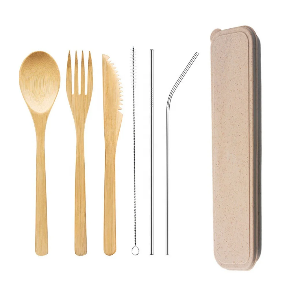 Reusable Stainless Steel Straw Natural Bamboo Cutlery Set with Travel Case