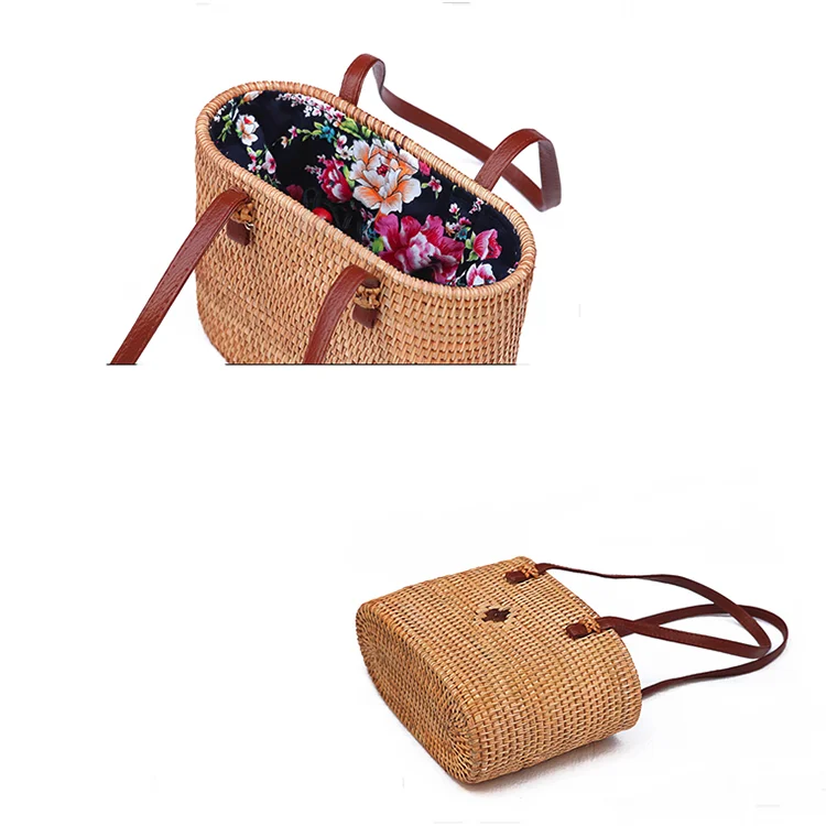 Bali Fashion Flower Lining Women Small Raw Beach Rattan Tote Bag For Vacation