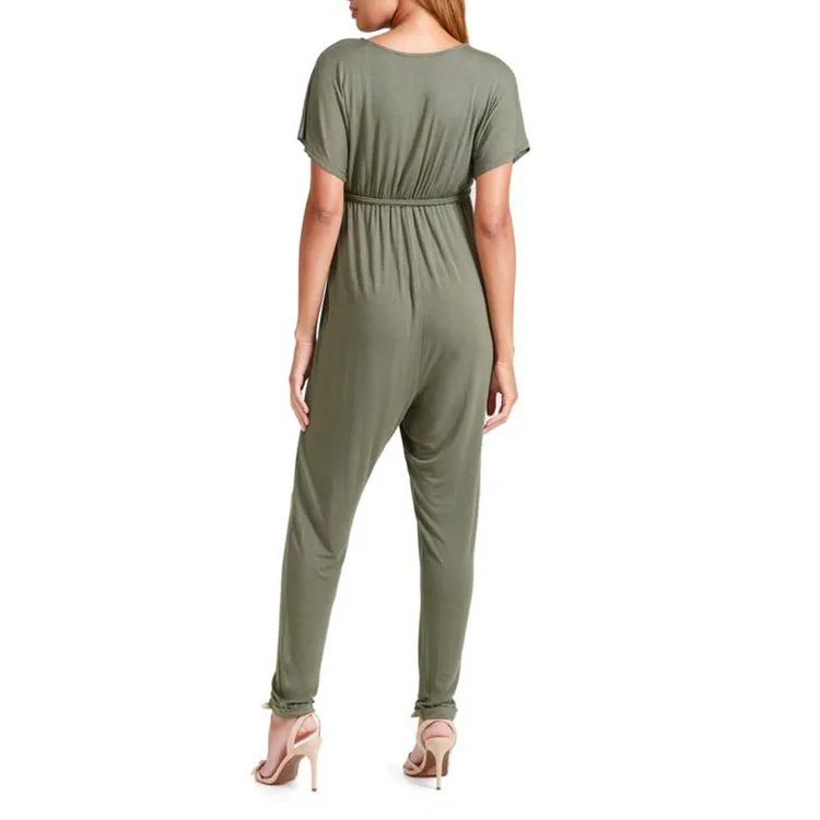 Crossover V neck short sleeve one piece maternity jumpsuit women