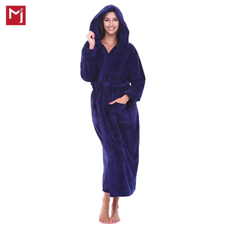 
Womens Fleece Robe, Long Hooded Bathrobe 