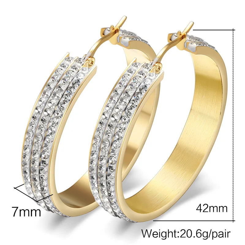 New Design High Quality Anti Allergy 3 Layers Full Crystal Micro Pave Gold Stainless Steel Big Circle Hoop Earrings For Women