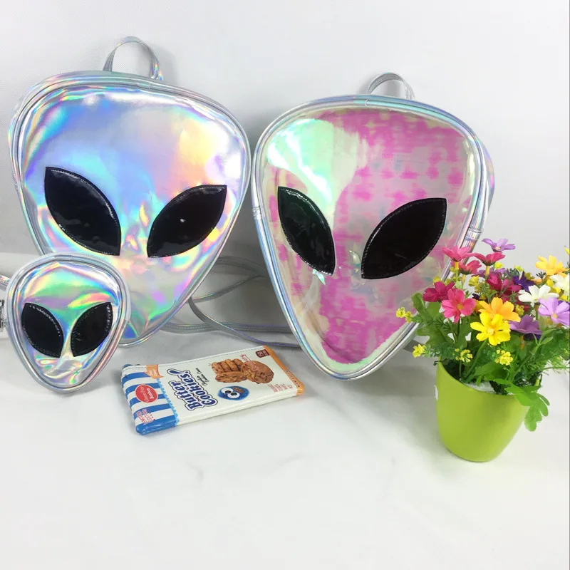 New Korean fashion handbags candy color laser transparent laser backpack alien big eye triangle shaped casual bag