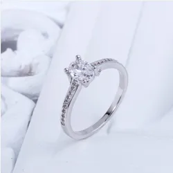Copper Jewelry Oval Four Claws Simulated Diamond Drill Bit Engagement Crown Plated White Gold Ring