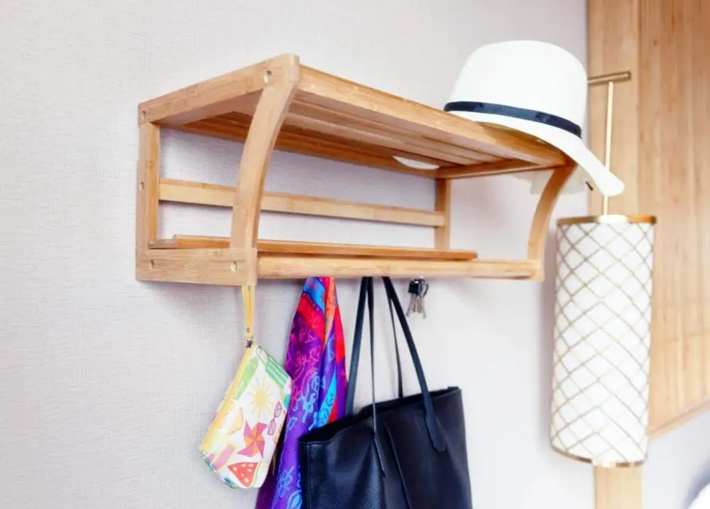 Bath Towel Rack Bar with Bamboo Shelf and Hooks for Bathroom Kitchen