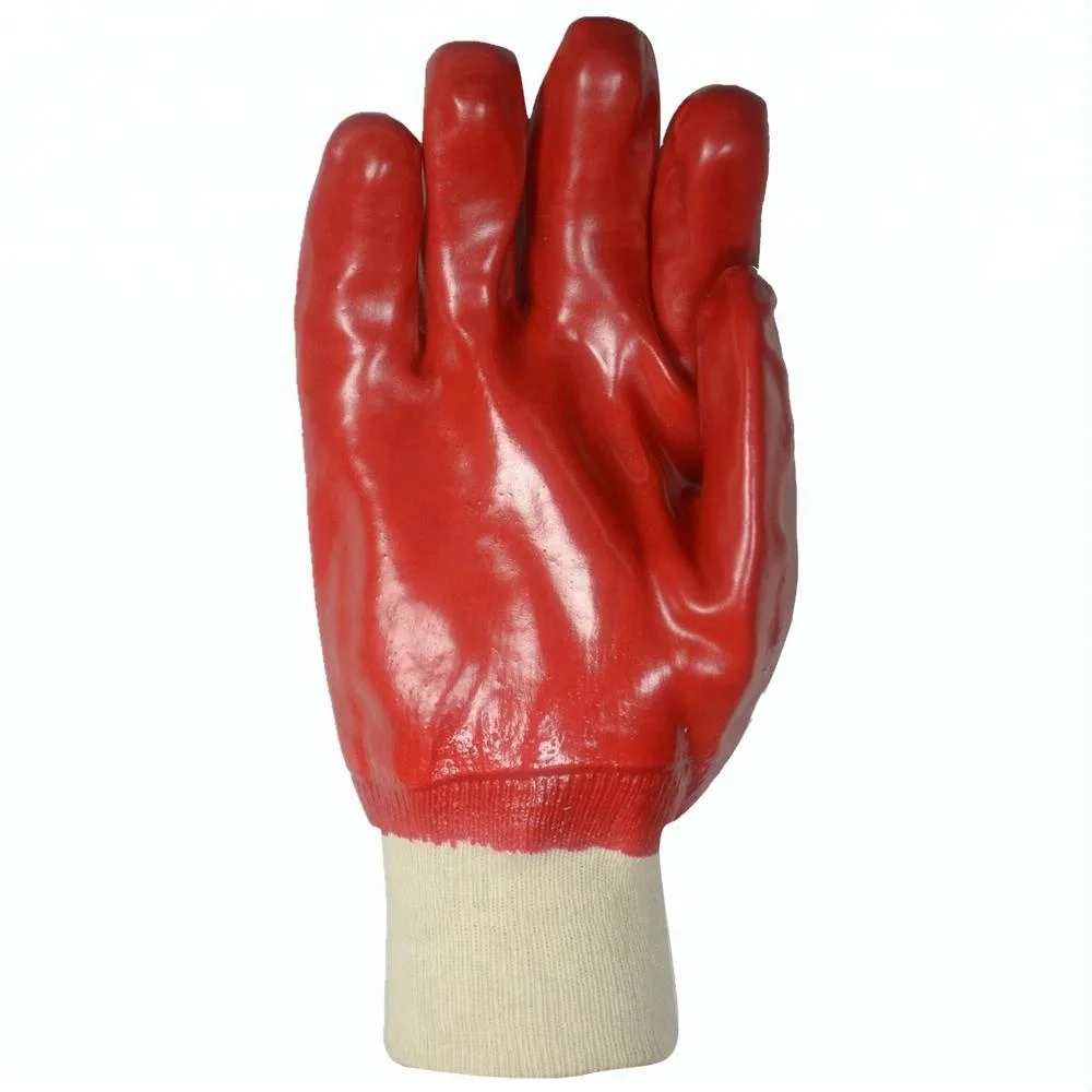 Маслостойкие хлопковые полностью красные перчатки GLOVEMAN с поливинилхлоридным покрытием рабочие на запястье