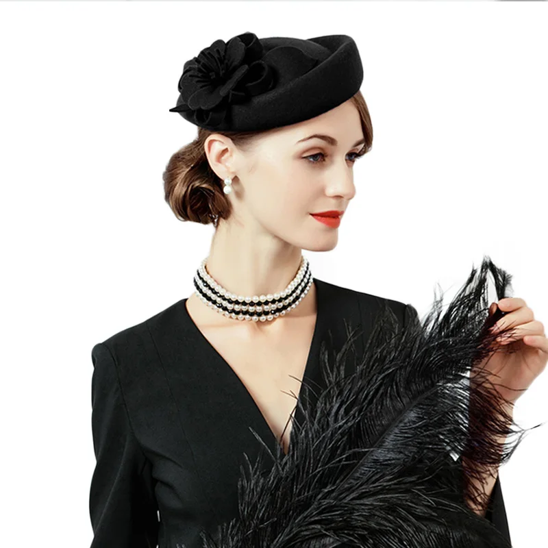 Navy Red Black Woman Formal Cocktail Church Fedoras Wool Felt Bridal Races Wedding Floral Fascinators Hats For Ladies Wholesale