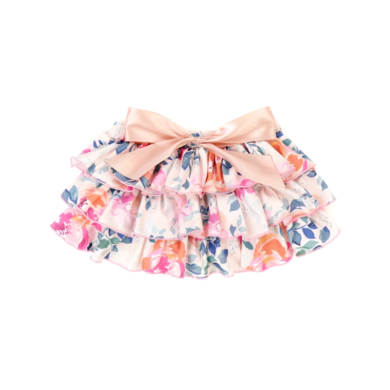 Boutique Baby Skirt Three Ruffle Big Bow Cute Shorts with Floral Prints Dress