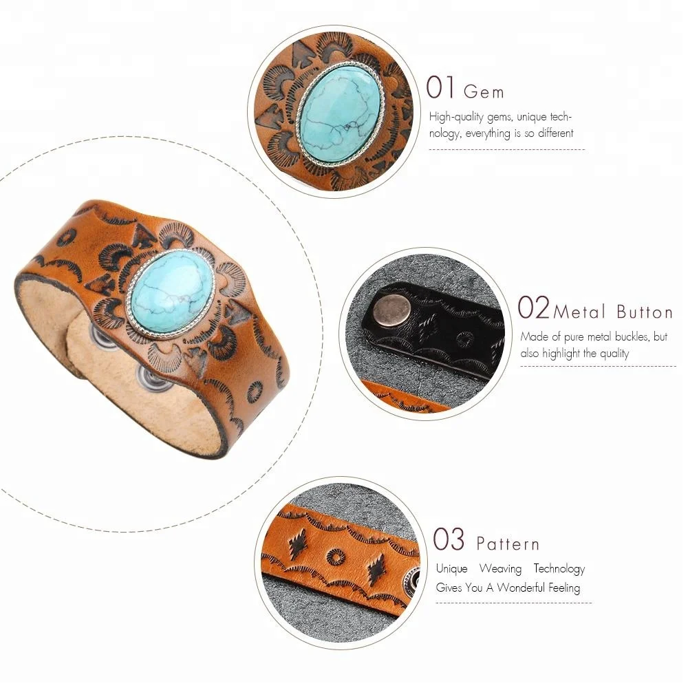 Vintage Turquoise Stone Engraved Wide Genuine Leather Cuff Bracelet Men