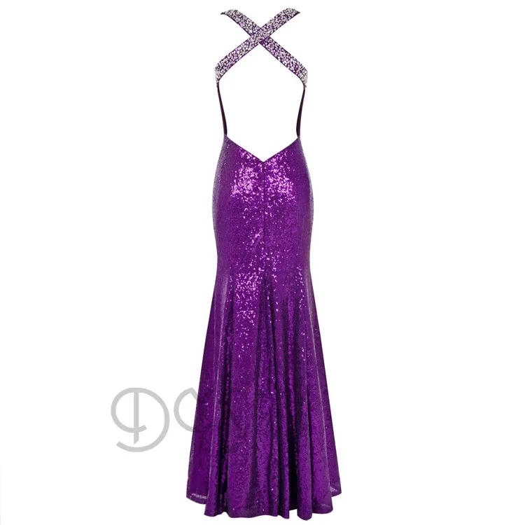 Beaded Sequin Sexy Long Purple Mermaid Evening Dress with Open Back